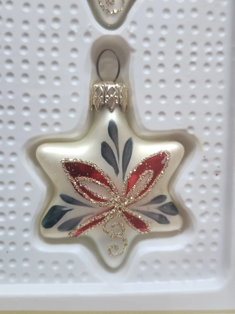 Vintage Kurt Adler Cream Star Glass Ornaments with Red and Green Floral Accents